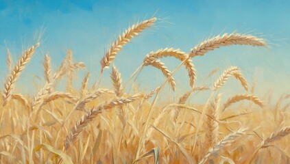 Fototapeta premium Close-up of golden wheat ears against a blurred background of a farm field and clear blue sky. Close-up of an ear with copy space.