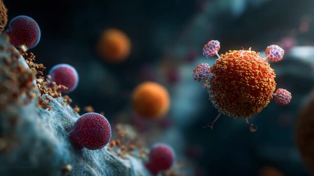 Visualization of viral infection, depicting the interactions between virus particles and cells
