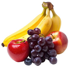 Bunch of bananas, red apples, purple grapes, and blueberries