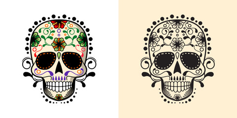 Vector illustration of a colorful Skull logo or symbol for Day of the Dead.eps