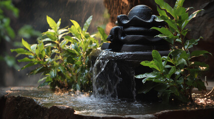 Fototapeta premium Black Shivalingam with flowing water and bilva leaves, early morning soft light