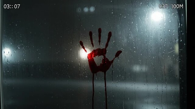 Disturbing horror scene handprint smeared with blood on rainy window, ominous atmosphere