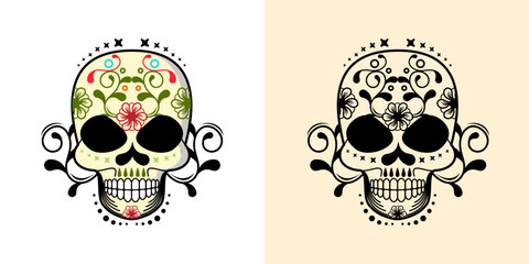 Vector illustration of Skull symbol with colorful floral ornament for Day of the Dead.eps