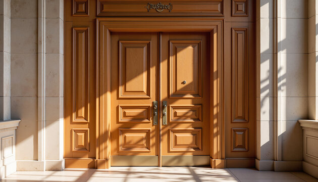 Intricate wooden courtroom doors casting shadows in courthouse hallway, justice symbol
