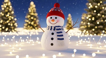 Obraz premium Festive snowman in a winter wonderland with christmas trees and glowing lights