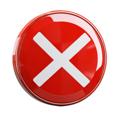 Fototapeta premium Red glossy prohibition sign with a white cross, representing denial, error on transparent background