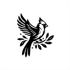 Obraz premium Stylized black cardinal bird perched on a branch with leaves