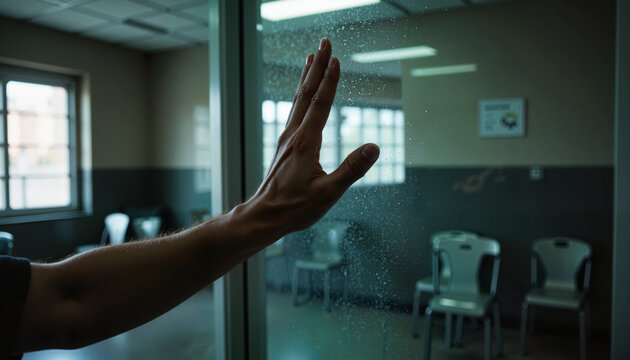 Hand pressing against prison visitation glass, separation and longing
