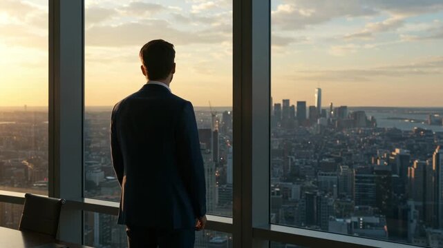Contemplative executive observing the cityscape at dawn, panoramic office view in skyscraper