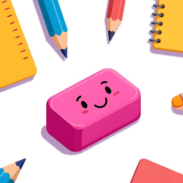 A cheerful cartoon illustration featuring a smiling pink eraser surrounded by colorful pencils, a ruler, and a notebook