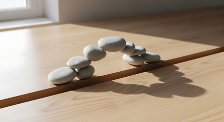 Ai generated image of stack of smooth stones balanced in an arch formation on a wooden surface