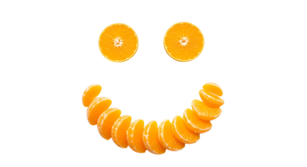 Mandarin orange slices arranged to form a smiling face isolated on transparent background