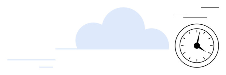 Large blue cloud with a wall clock and floating lines signifying speed and efficiency. Ideal for productivity, planning, time, cloud computing, workflow, organization, simple flat metaphor