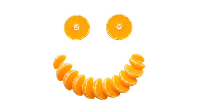 Mandarin orange slices arranged to form a smiling face isolated on transparent background