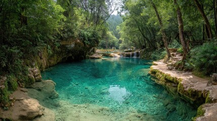 Naklejka premium Crystal-clear pool nestled within a lush forest.