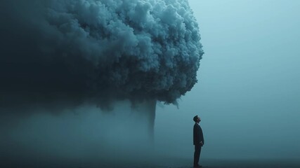 Thoughtful businessman gazing upward at a vast, ominous cloud formation, contemplating the future, facing uncertainty and change