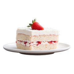 Delicious Strawberry Cake Slice with Cream and Coconut on a White Plate, Yummy Dessert.