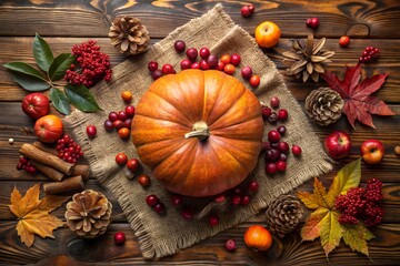 Overhead view of a rustic autumn harvest arrangement featuring a central pumpkin surrounded by cranberries, apples, cinnamon sticks, pinecones, and colorful fall leaves on a wooden table © NAKIB