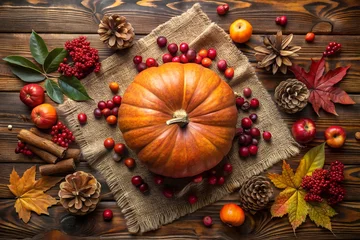 Overhead view of a rustic autumn harvest arrangement featuring a central pumpkin surrounded by cranberries, apples, cinnamon sticks, pinecones, and colorful fall leaves on a wooden table © NAKIB