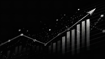 Evocative rise of market success illustrated with ascending bar graph pointing upward in a black and white digital