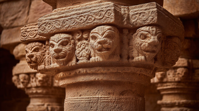 Close-up of four-lion capital of Ashoka Pillar, sandstone texture with heritage vibe