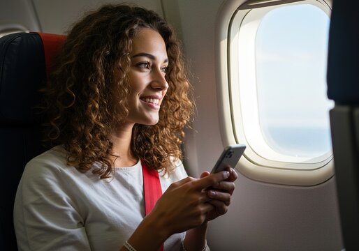 Woman using smartphone while looking out airplane window - Powered by Adobe