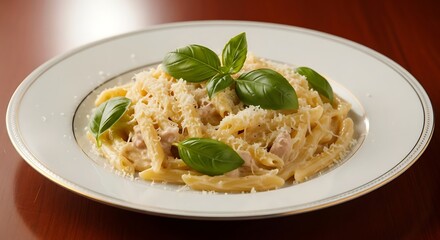 Delicious penne carbonara adorned with fresh basil leaves presented on a plate