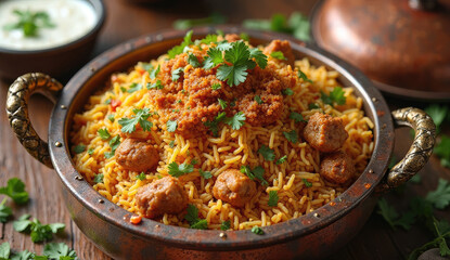 Delicious Indian Biryani with Meatballs in a Copper Dish