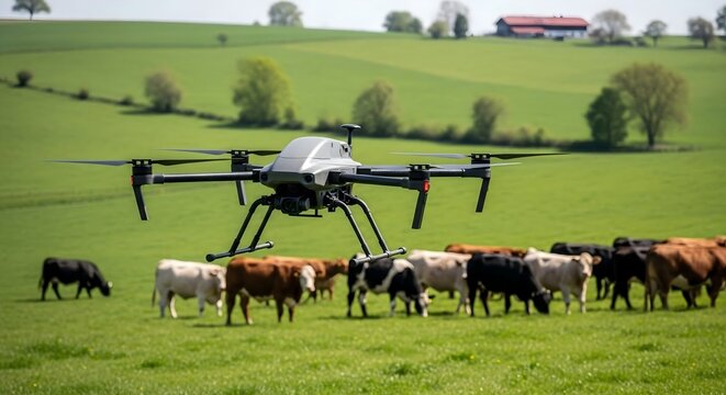 Drone flying over cattle in a green pasture for modern agriculture