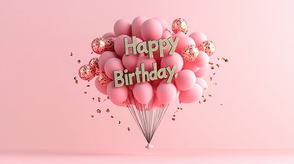 Pink balloons & confetti form a "Happy Birthday" message
