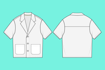 Unisex Short Sleeve Revere Collar Oversized Medical Scrub Shirt Fashion Flat Sketch Template Outline.