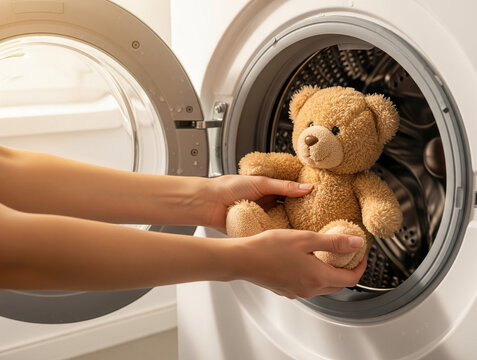 A light brown teddy bear is being put into a front-loading washing machine to maintain cleanliness and ensure the child&rsquo;s health