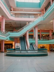 interior of modern building having colorful decorated walls, stairs 