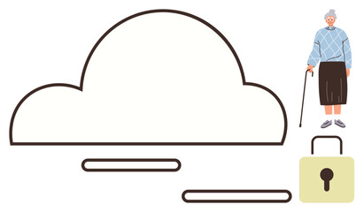 Elderly woman standing near a digital cloud icon with a lock, highlighting secure data storage, online safety, and accessibility. Ideal for cybersecurity, technology, cloud storage, elderly care