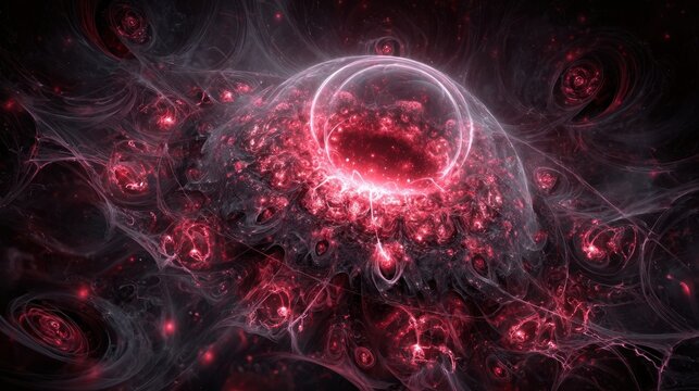 Abstract fractal composition featuring a central glowing red orb with swirling, nebulous patterns