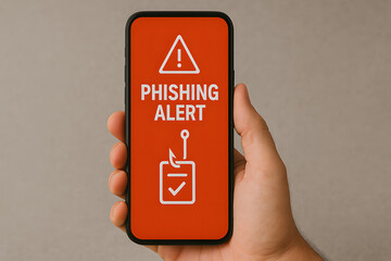 Phishing alert warning on mobile phone screen held in hand, cybersecurity threat notification with red background, scam detection sign, internet fraud warning, digital security awareness concept