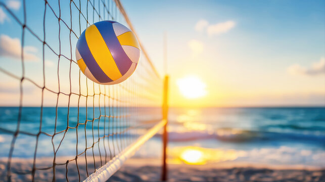 beach volleyball with net and ball on a background of sandy beach in summer in tropics by the sea on sunset
