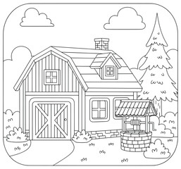 Charming countryside house with a water well, garage, and tall pine tree in the garden. Cute black and white coloring page for kids featuring cozy rural home scene