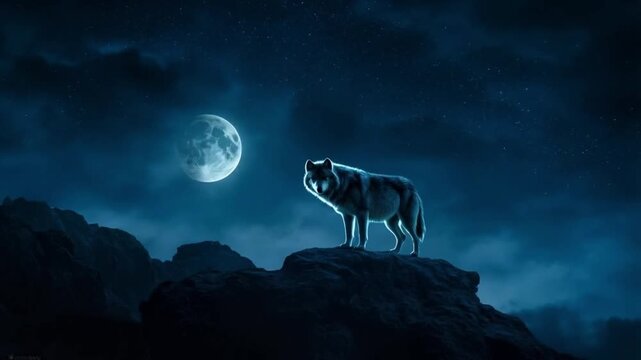 Wolf standing on a rock under a full moon in a dark blue night sky with some clouds above animal video