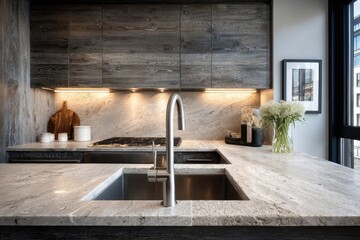 Modern kitchen with light-toned countertops and dark wood cabinets