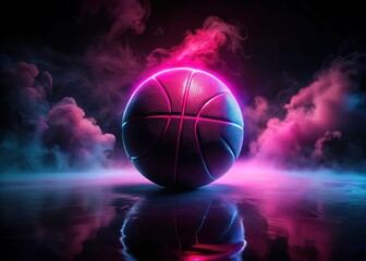 Obraz premium Neon Pink Basketball Silhouette, Smoke, Reflections - Dark Sports Photography