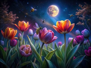Night Bloom: Vibrant Tulips & Bees, Spring Night Photography, Magical Flower Scene