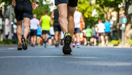 Fototapeta premium Close-up of marathon runner’s legs in motion on city street, dynamic stride, athletic shoes, urban background, morning light, energy, endurance, fitness and sports concept