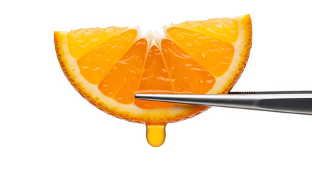 Orange slice with juice and tweezers isolated on transparent background