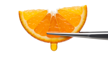 Orange slice with juice and tweezers isolated on transparent background