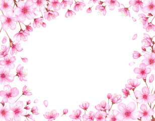 Fototapeta premium A vibrant floral frame with pink roses and delicate cherry blossoms creates a beautiful spring border decoration