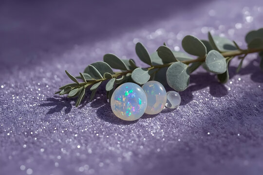 Opals and eucalyptus on lavender velvet with glowing orb and starlit backdrop, AI-generated