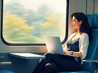Generated illustration of a woman sitting in a moving train with her laptop on her lap, looking at the train window