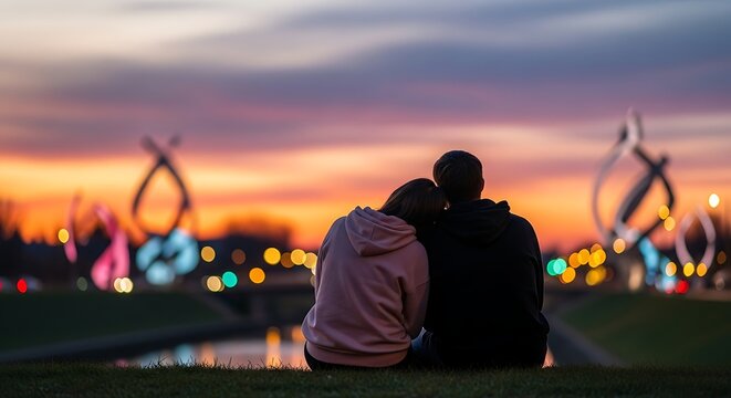 Romantic couple embracing while enjoying a colorful sunset view over cityscape