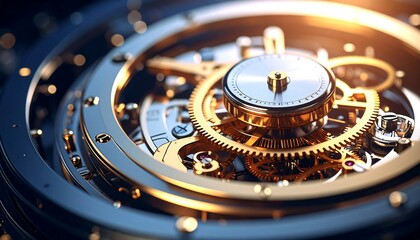 Intricate clockwork mechanism, gold gears, and polished metallic components